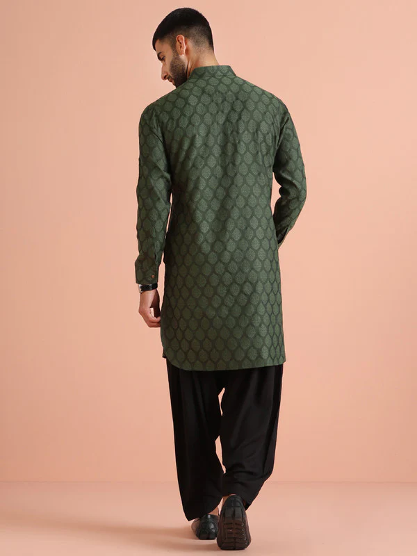 Green Silk Blend Jacquard Pathani Kurta - Image 4