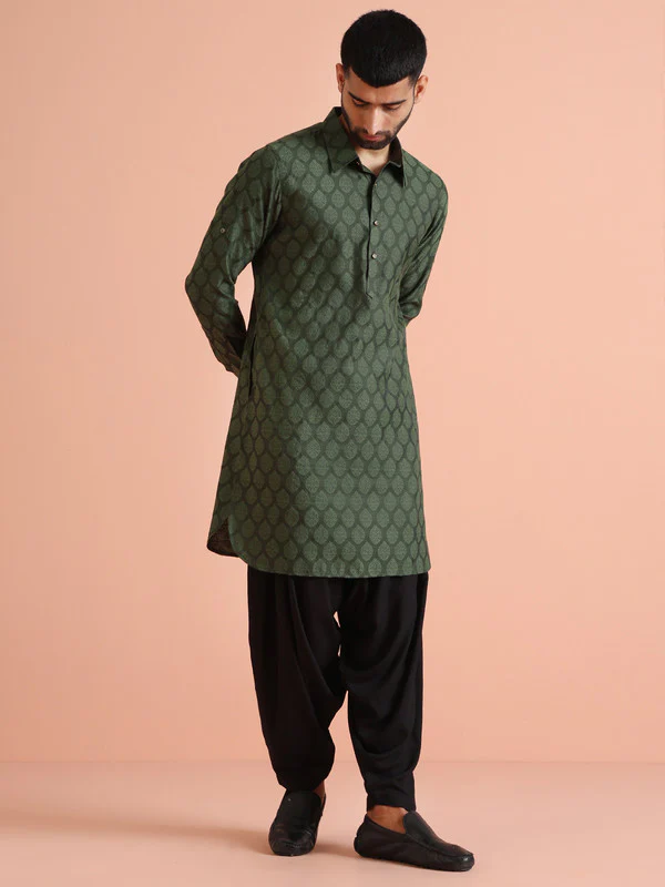 Green Silk Blend Jacquard Pathani Kurta Patiyala Set - Image 2