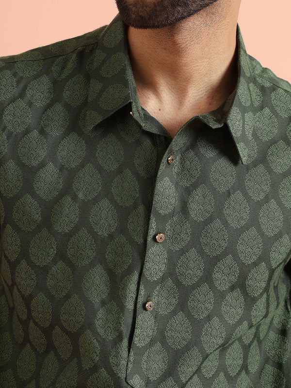 Green Silk Blend Jacquard Pathani Kurta Patiyala Set - Image 5