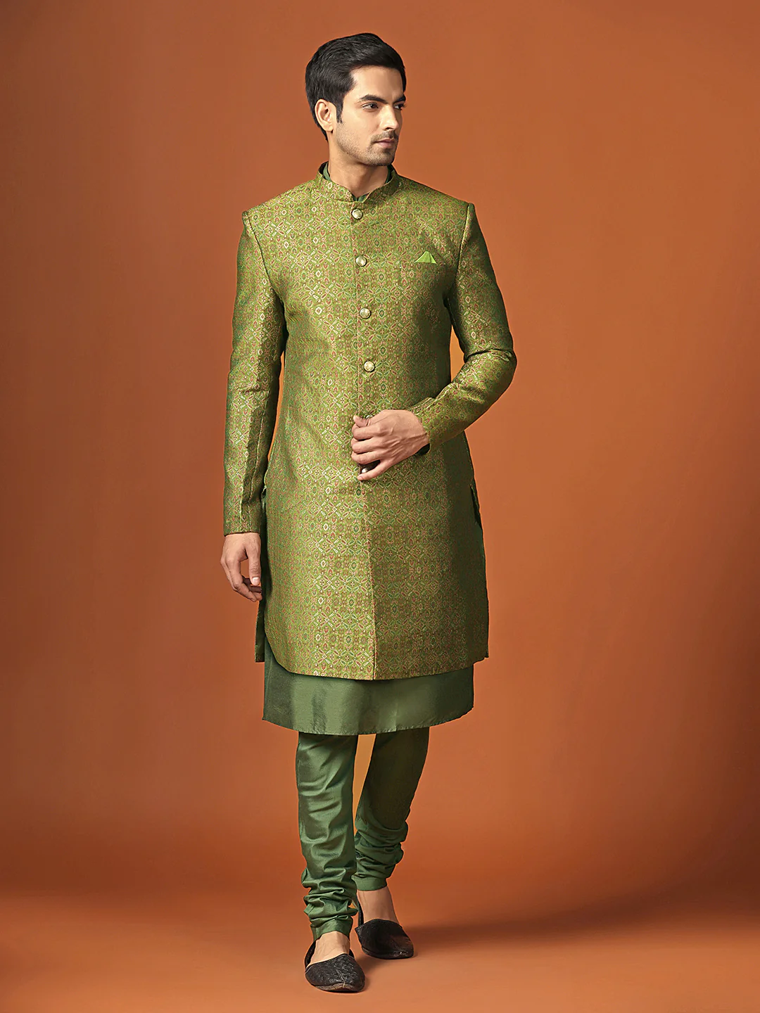 Men Olive Kurta Sherwani Churidar Set