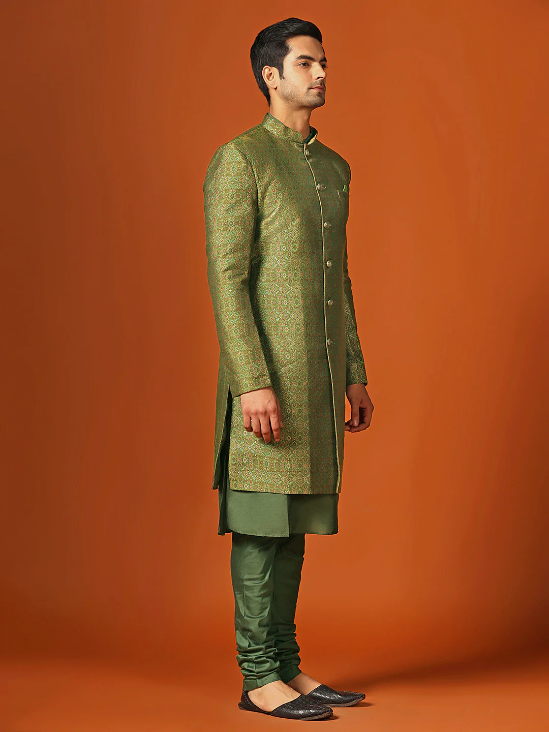 Men Olive Kurta Sherwani Churidar Set - Image 2