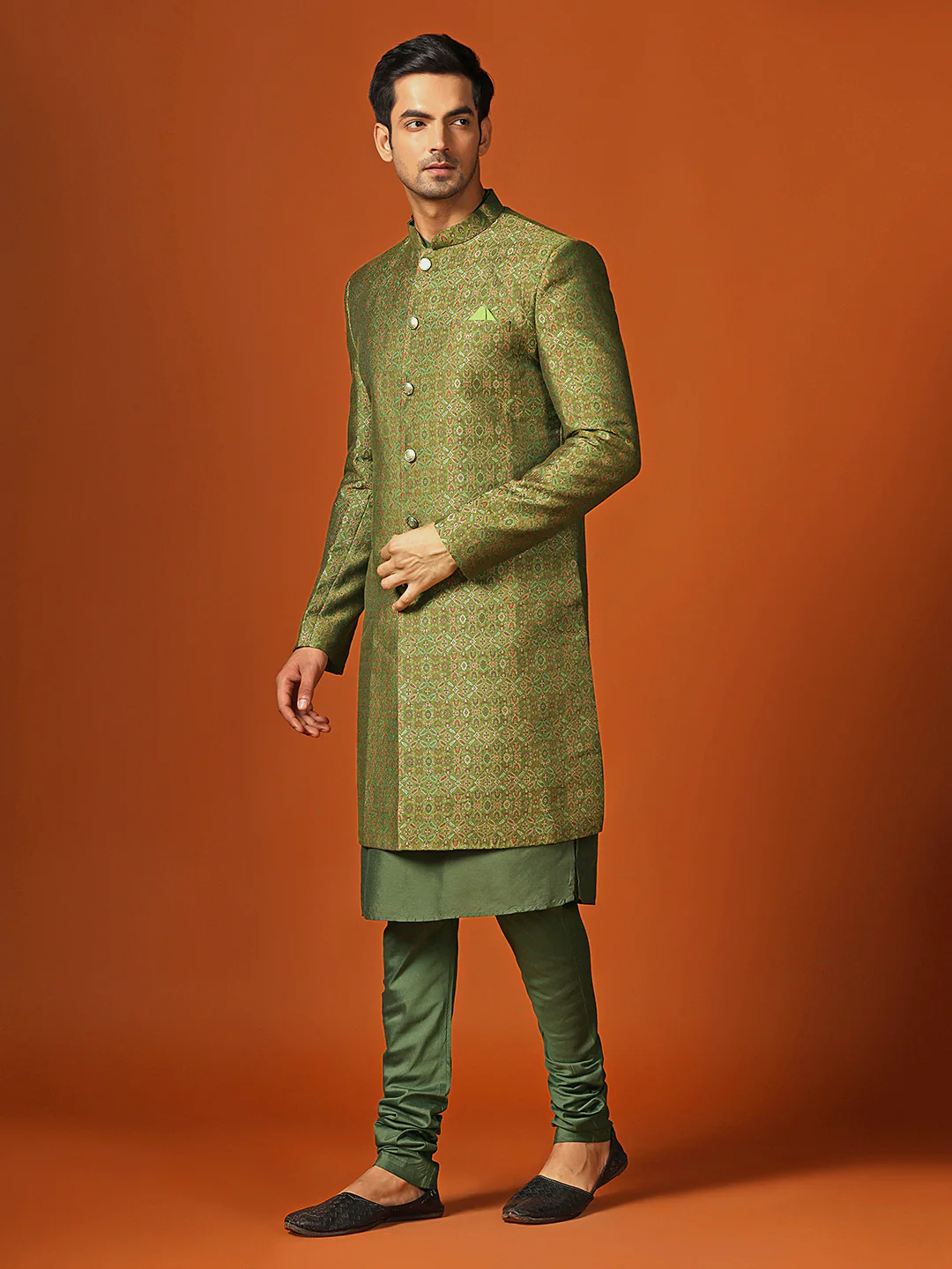 Men Olive Kurta Sherwani Churidar Set - Image 3