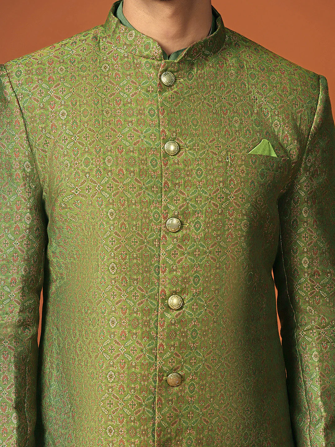 Men Olive Kurta Sherwani Churidar Set - Image 5