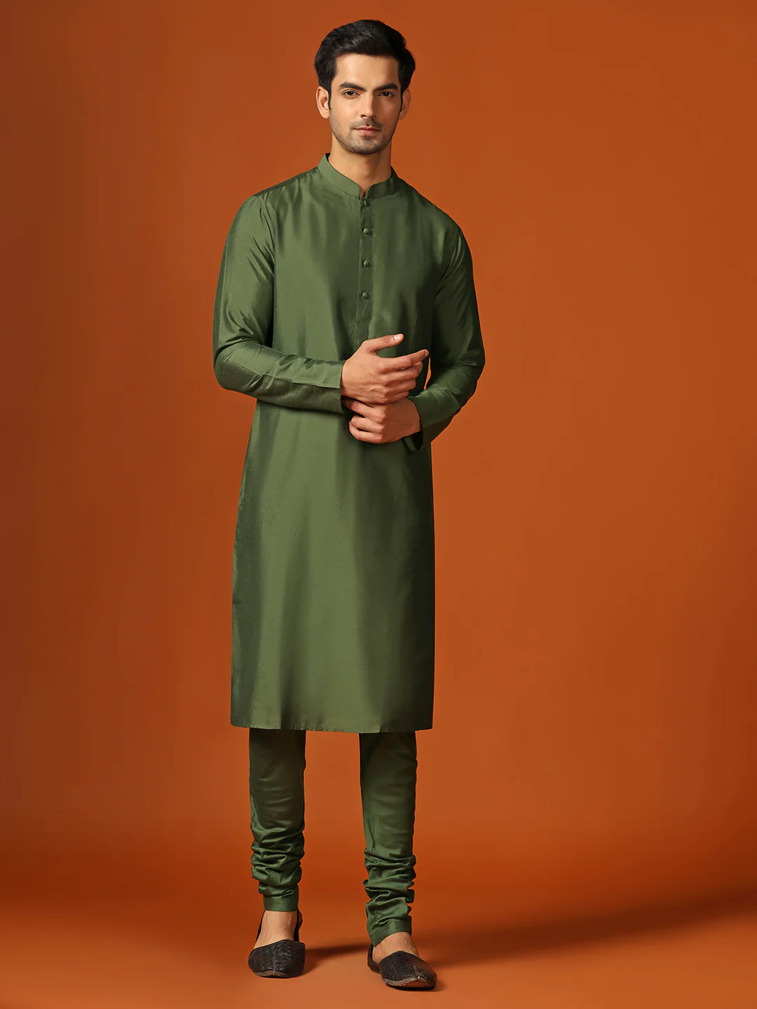 Men Olive Kurta Sherwani Churidar Set - Image 6
