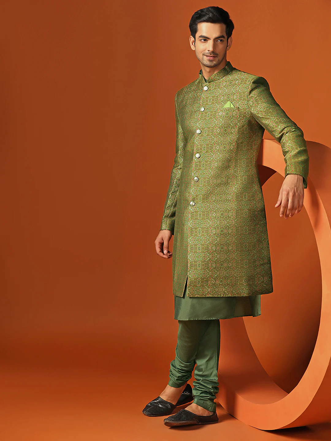 Men Olive Kurta Sherwani Churidar Set - Image 8