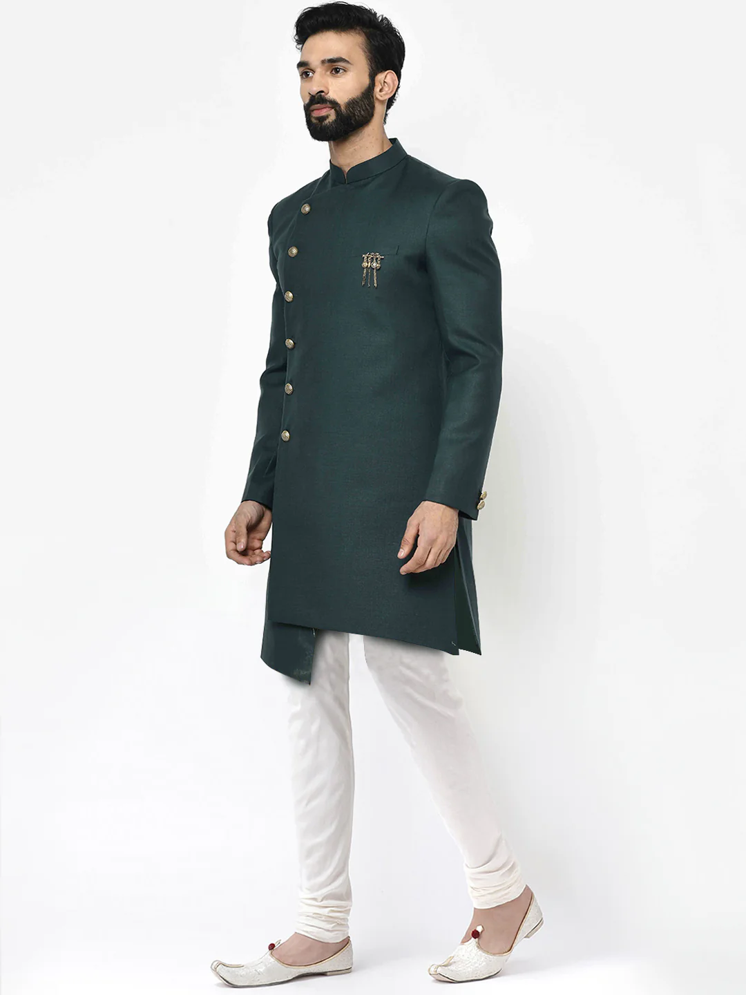 Dark Green Solid Sherwani with Cream Churidar - Image 2