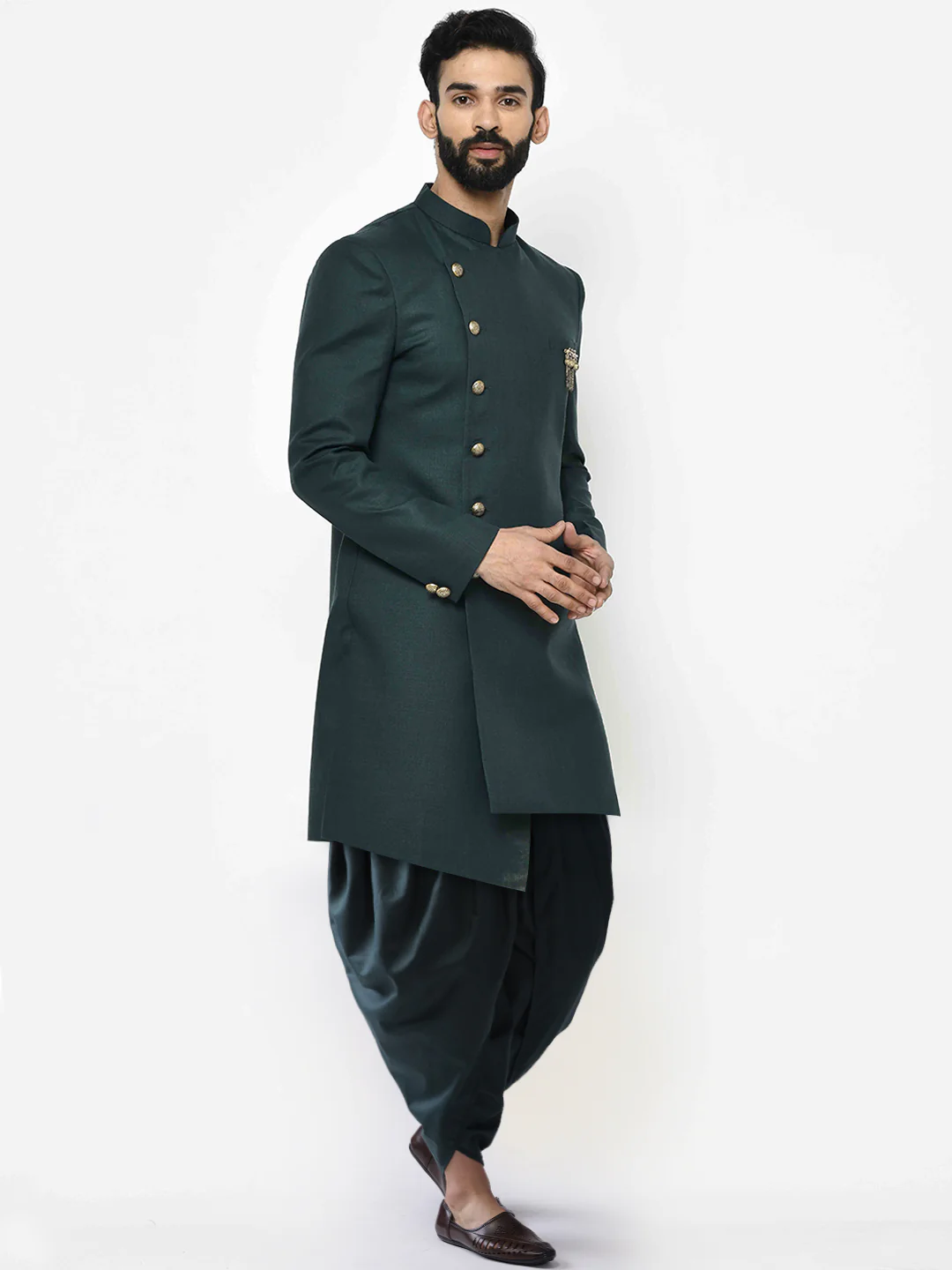 Dark Green Solid Sherwani with Black Dhoti - Image 3