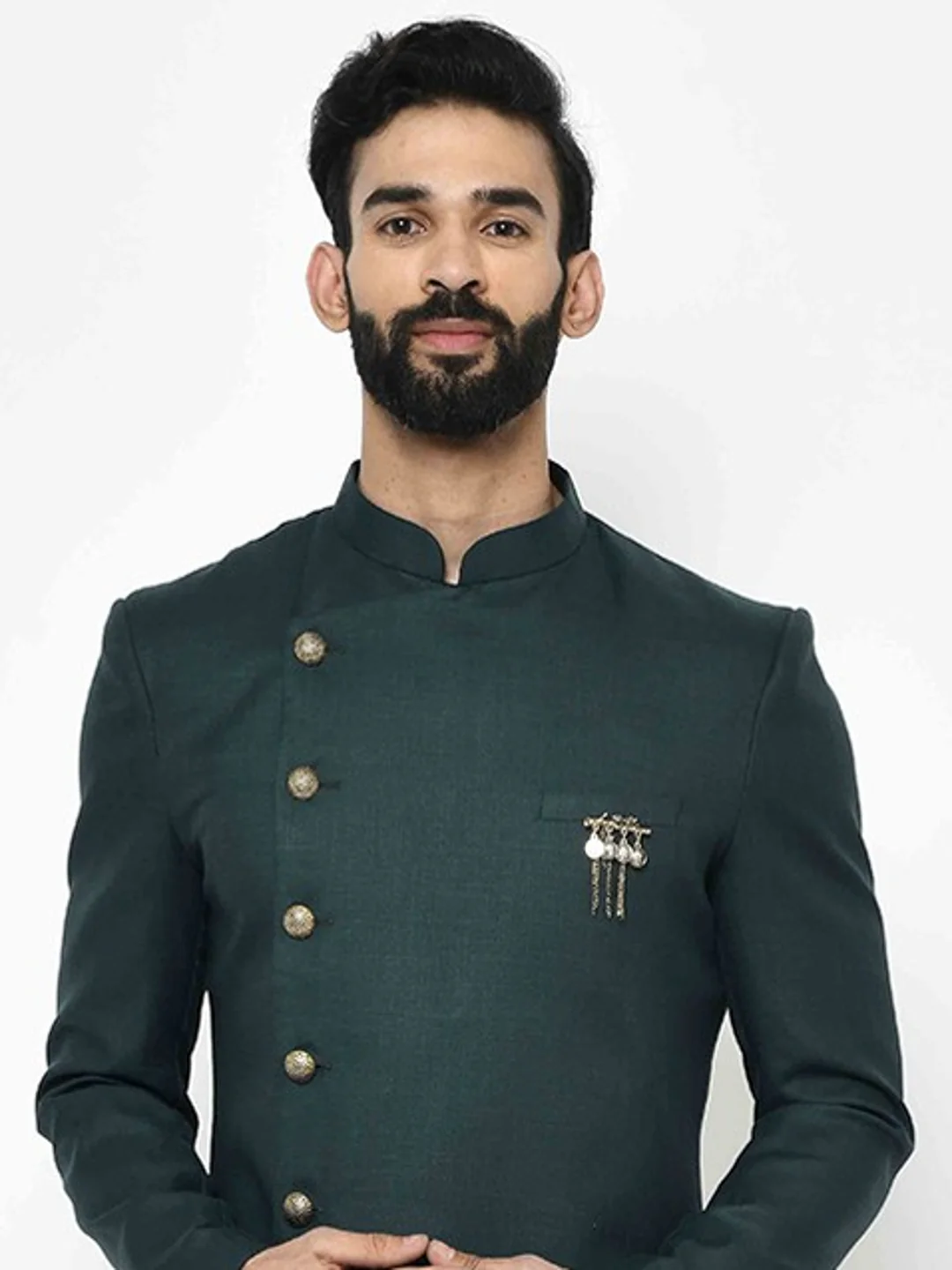 Dark Green Solid Sherwani with Black Dhoti - Image 5