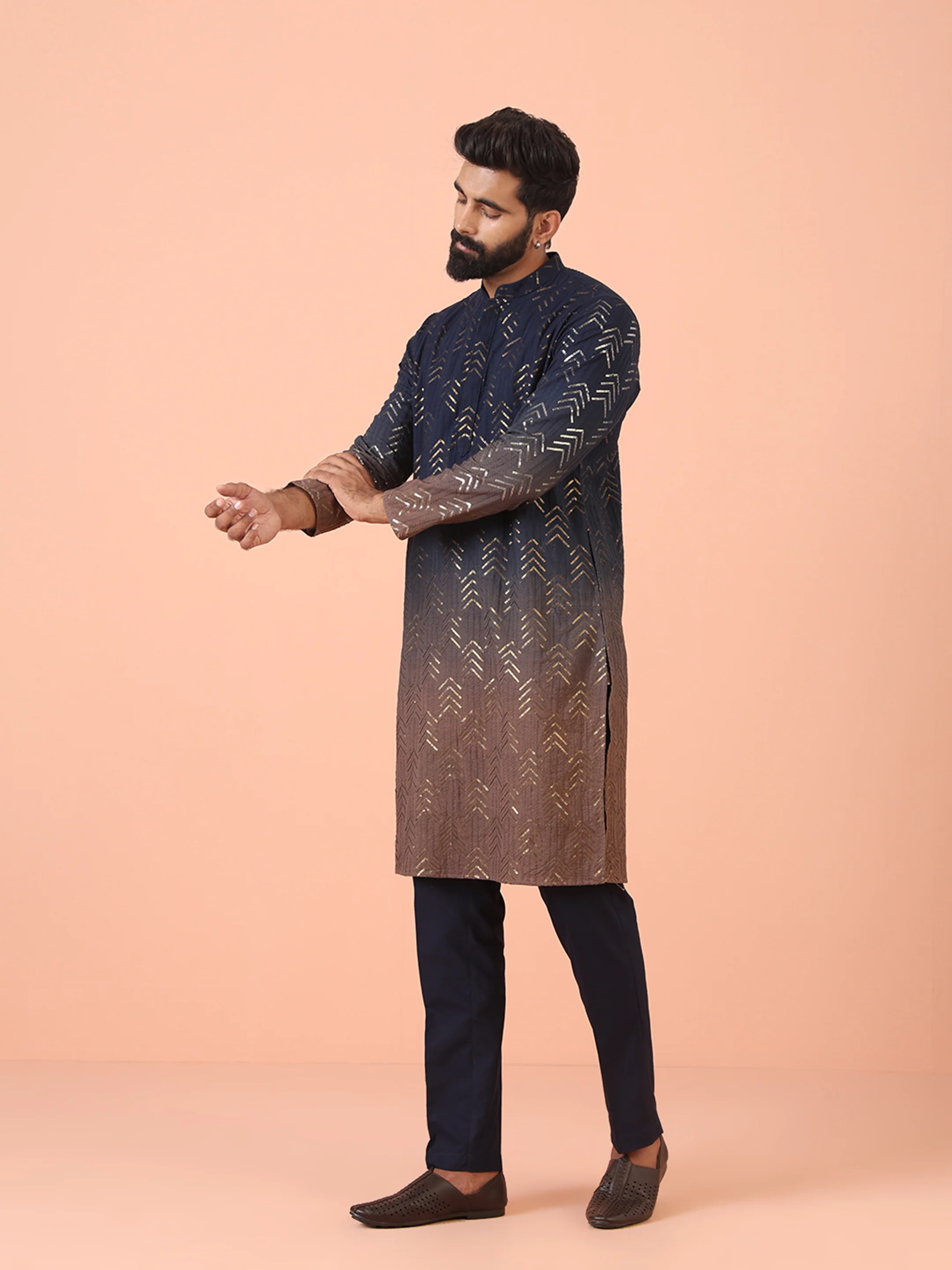 Navy Ombre Golden Print Silk Kurta - Image 3