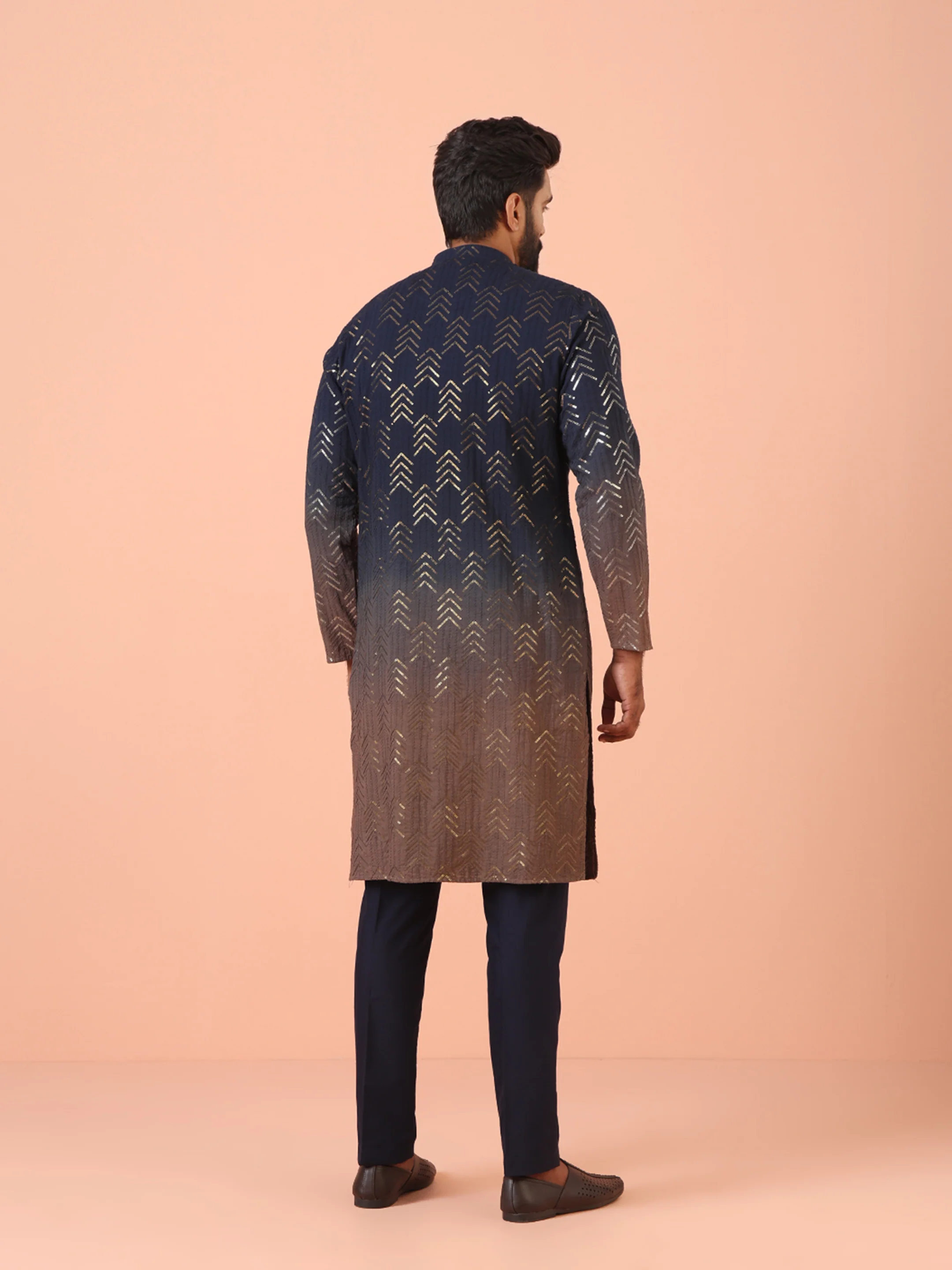 Navy Ombre Golden Print Silk Kurta - Image 4