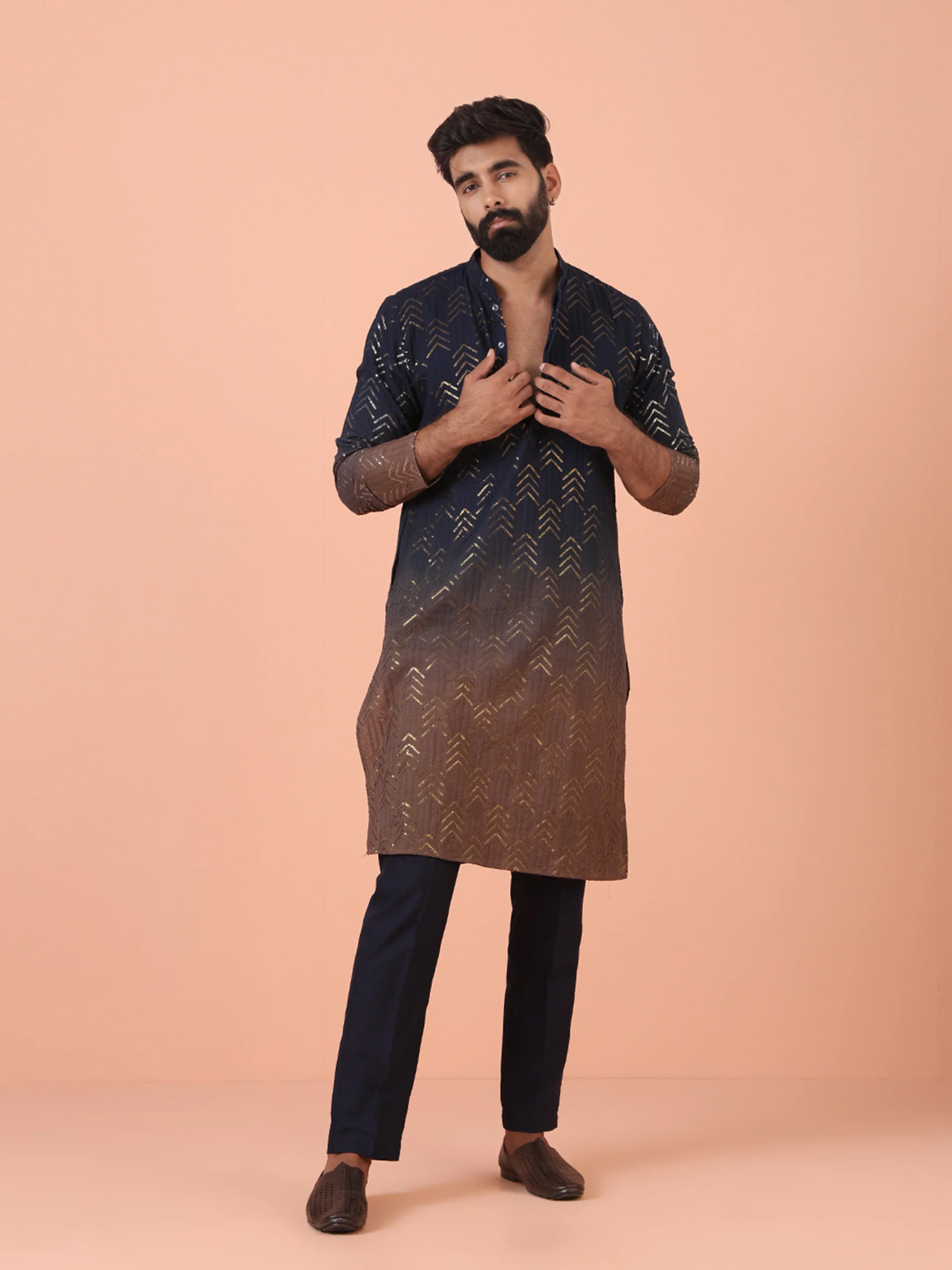 Navy Ombre Metallic Kurta Trouser Set - Image 7