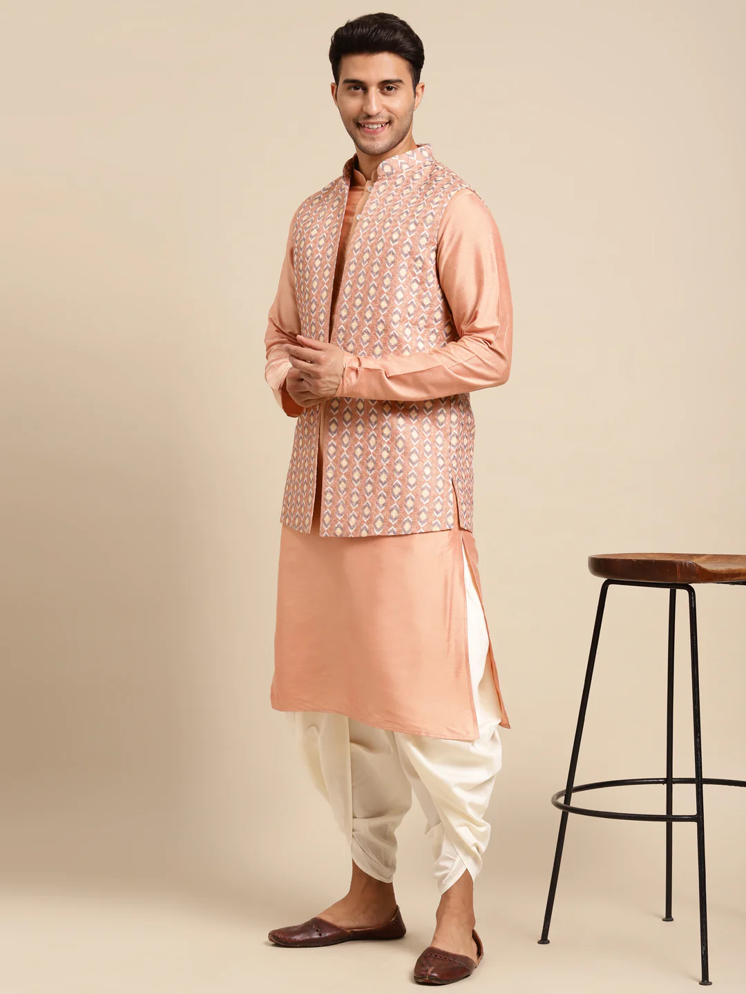 Men Peach kurta jacket set - Image 2