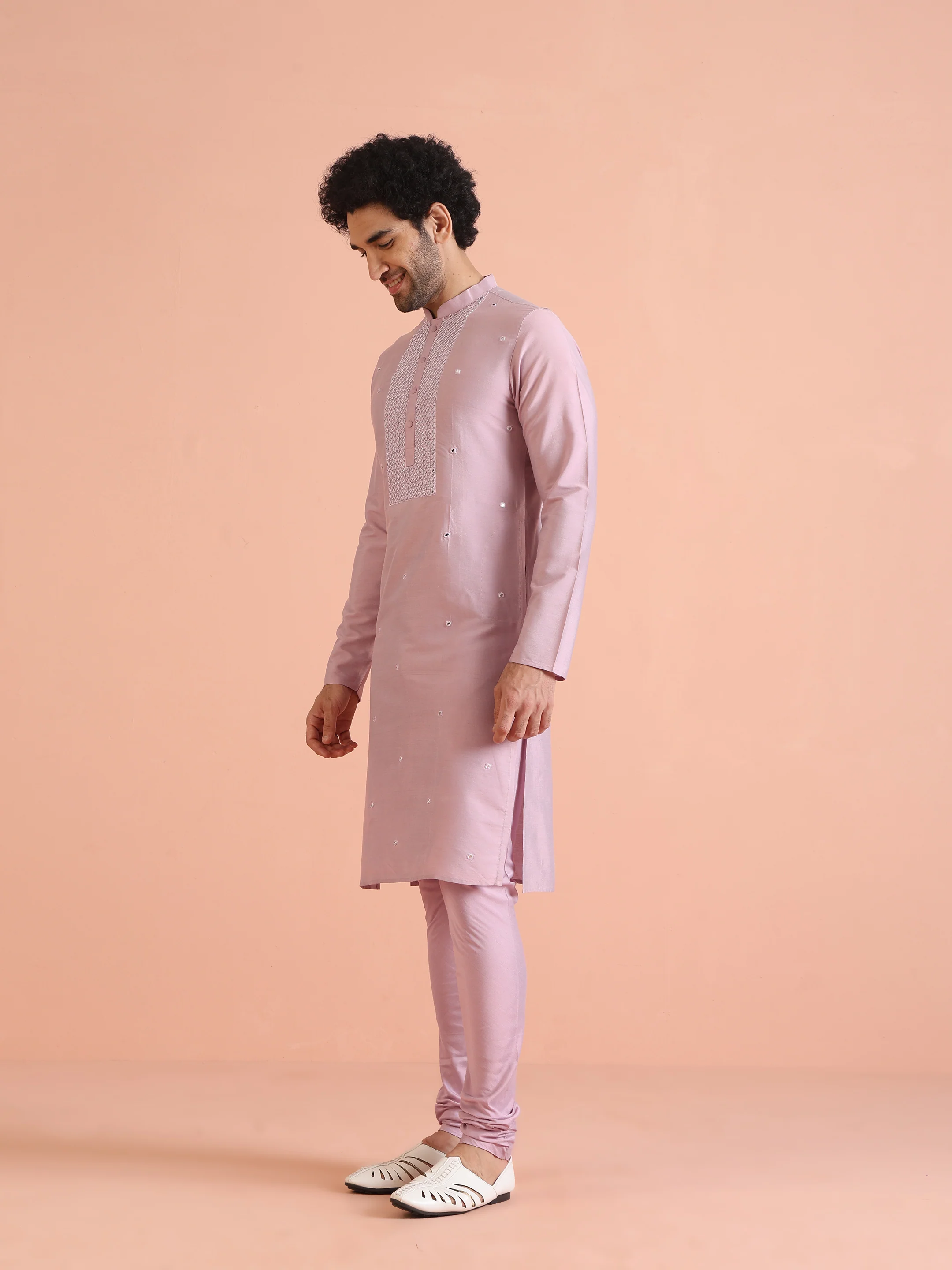 Light Pink Embroidered Kurta Churidar Set - Image 2