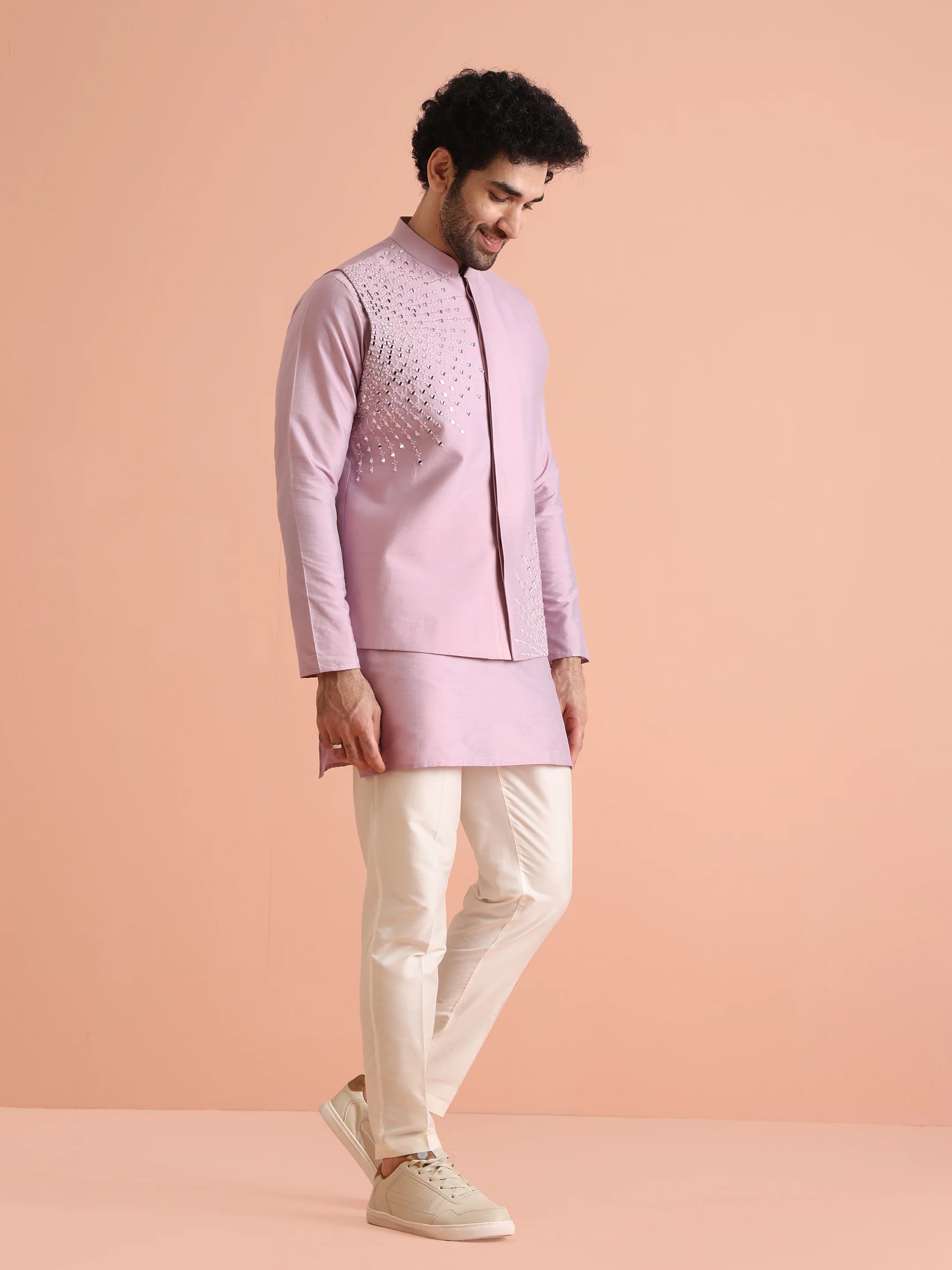 Pink Cotton Embroidered Nehru Jacket Kurta Set - Image 3