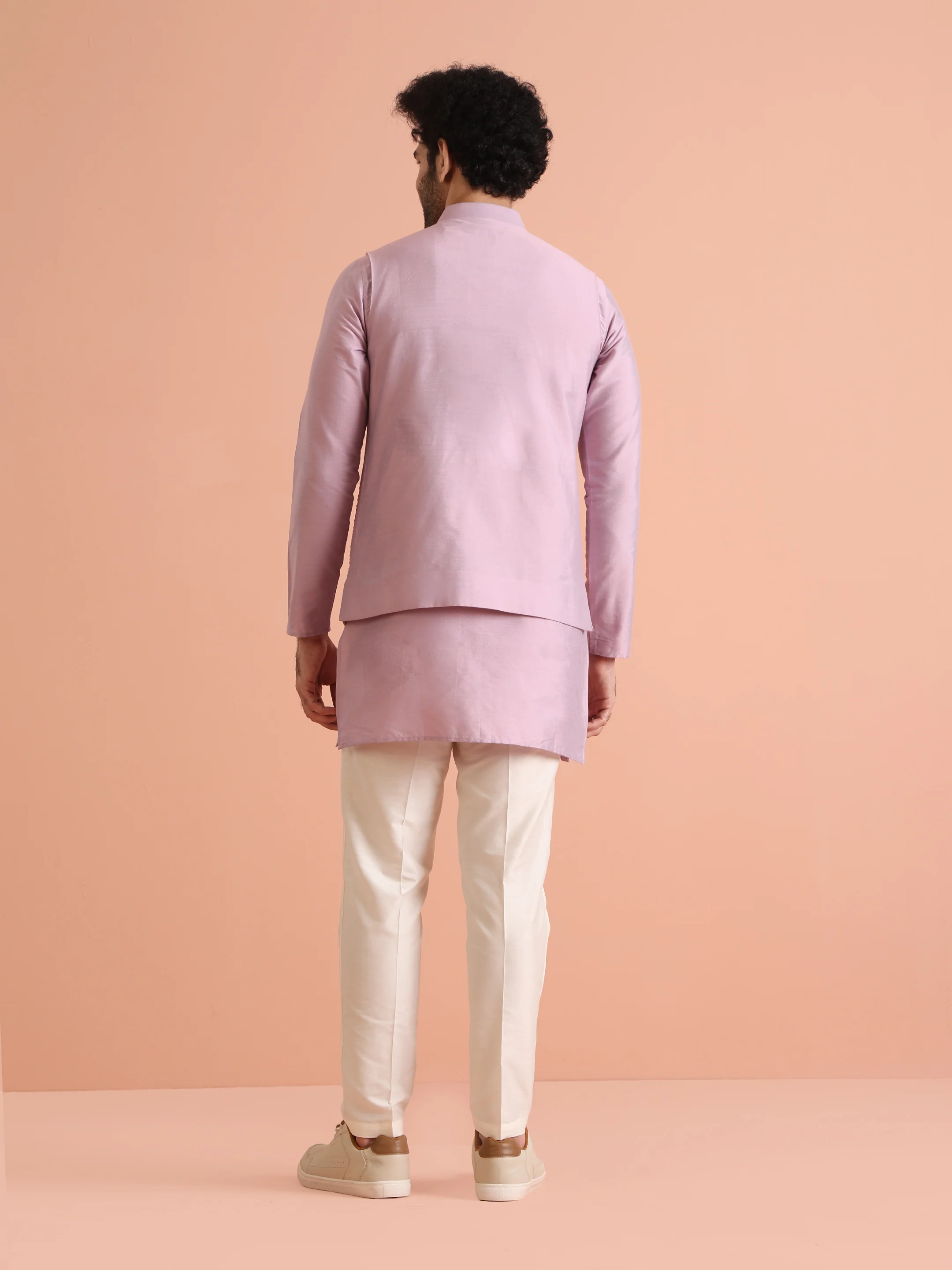 Pink Cotton Embroidered Nehru Jacket Kurta Set - Image 4