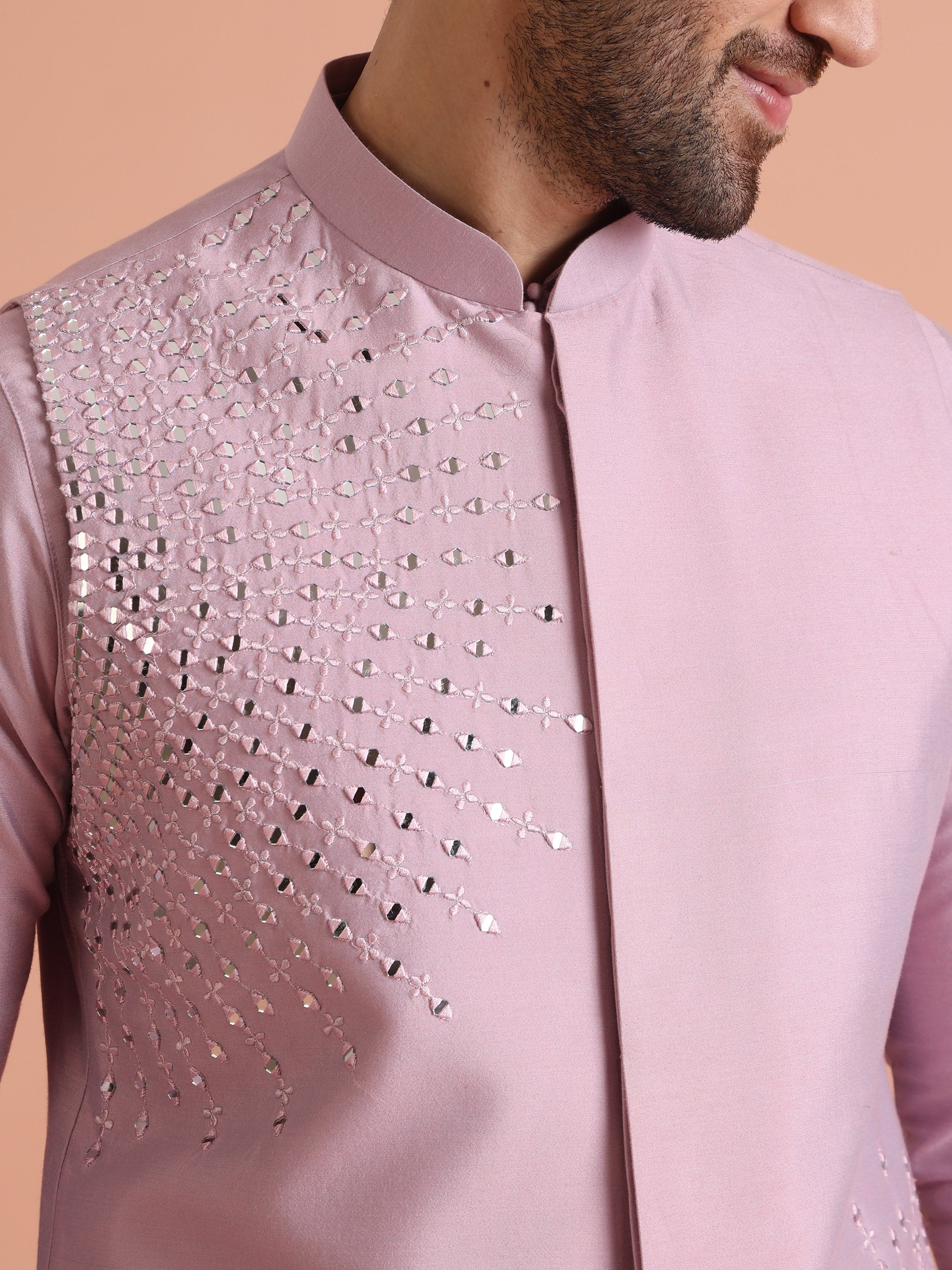 Pink Cotton Embroidered Nehru Jacket Kurta Set - Image 5