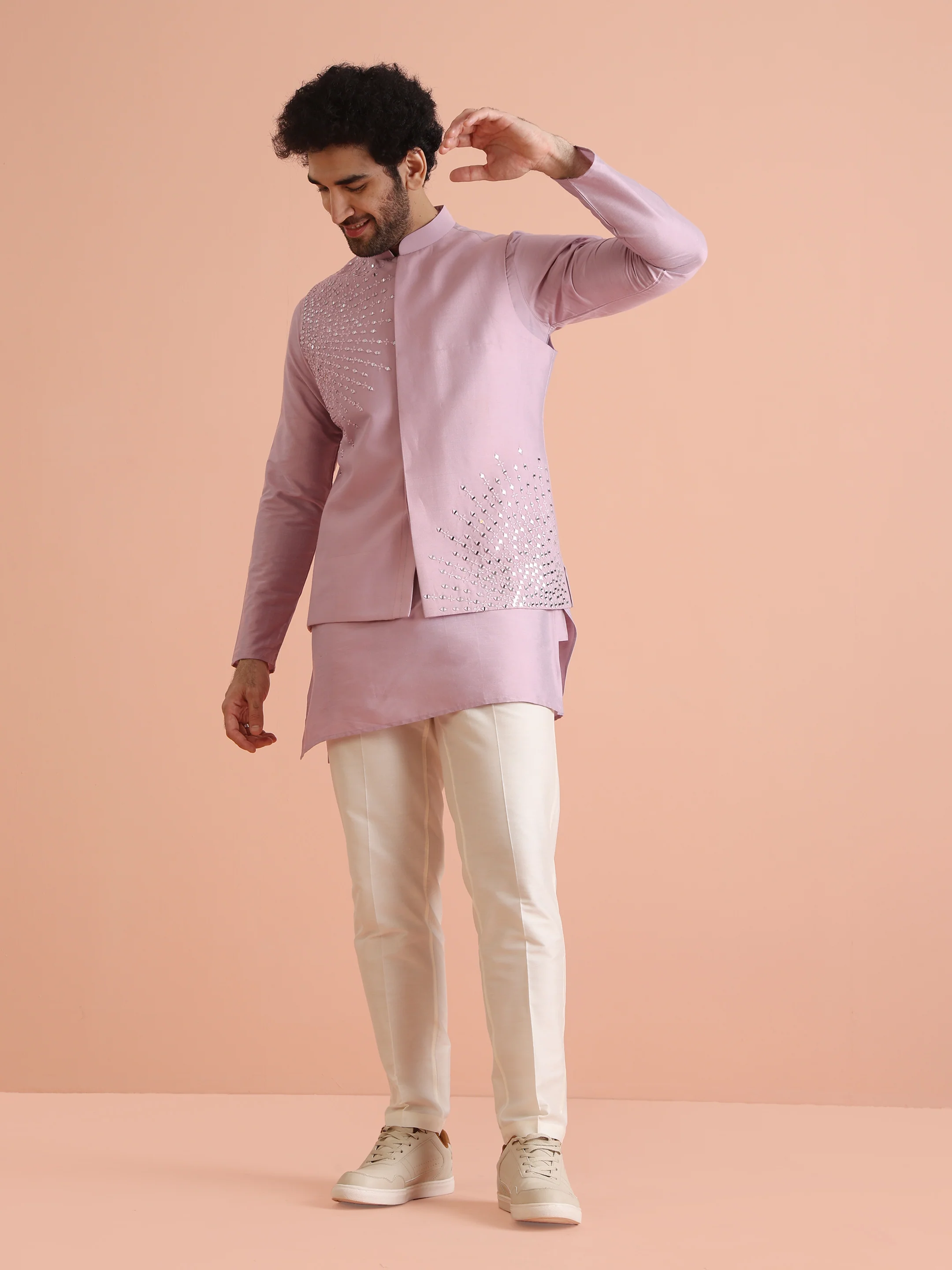 Pink Cotton Embroidered Nehru Jacket Kurta Set - Image 8