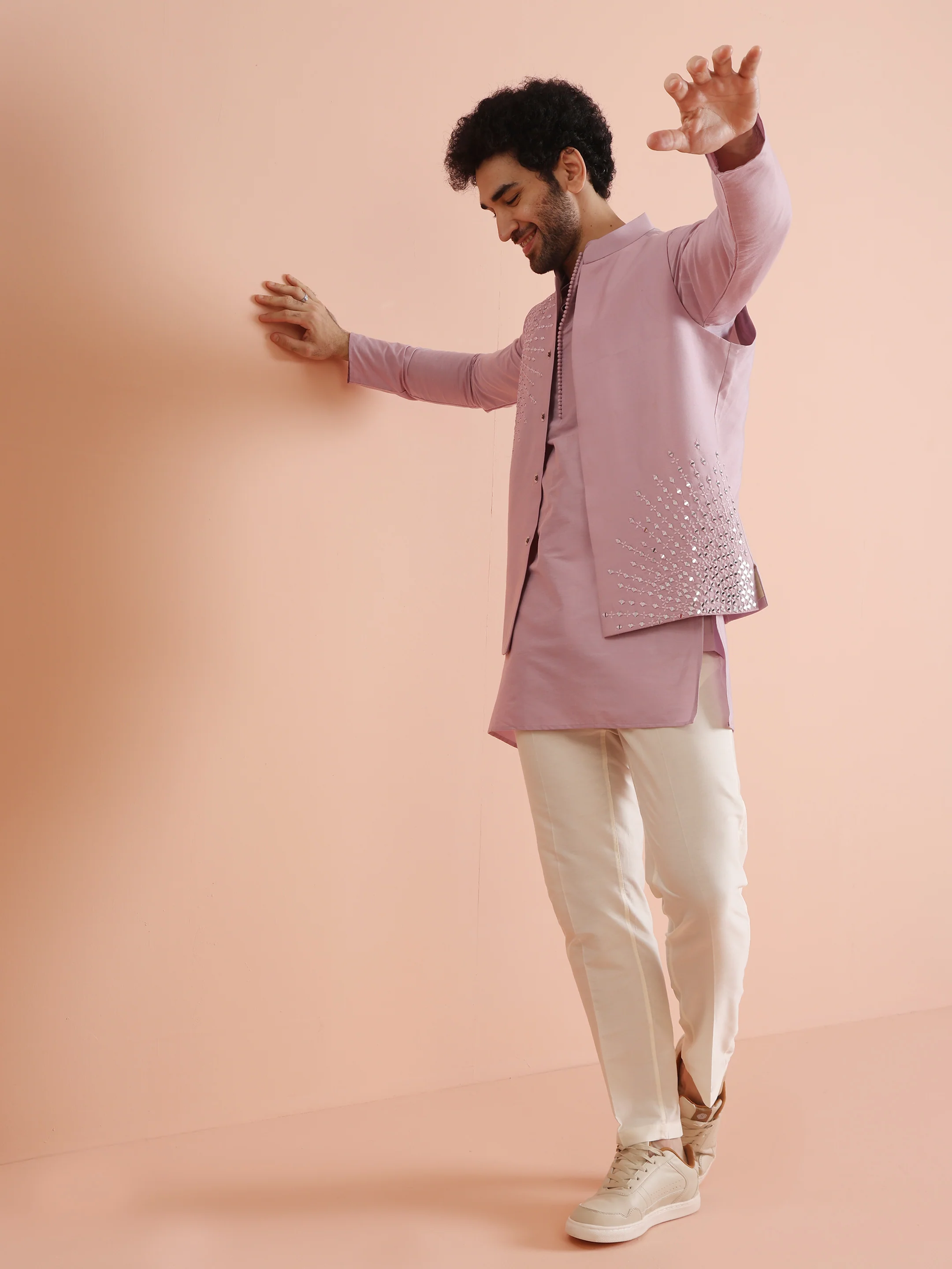 Pink Cotton Embroidered Nehru Jacket Kurta Set - Image 9