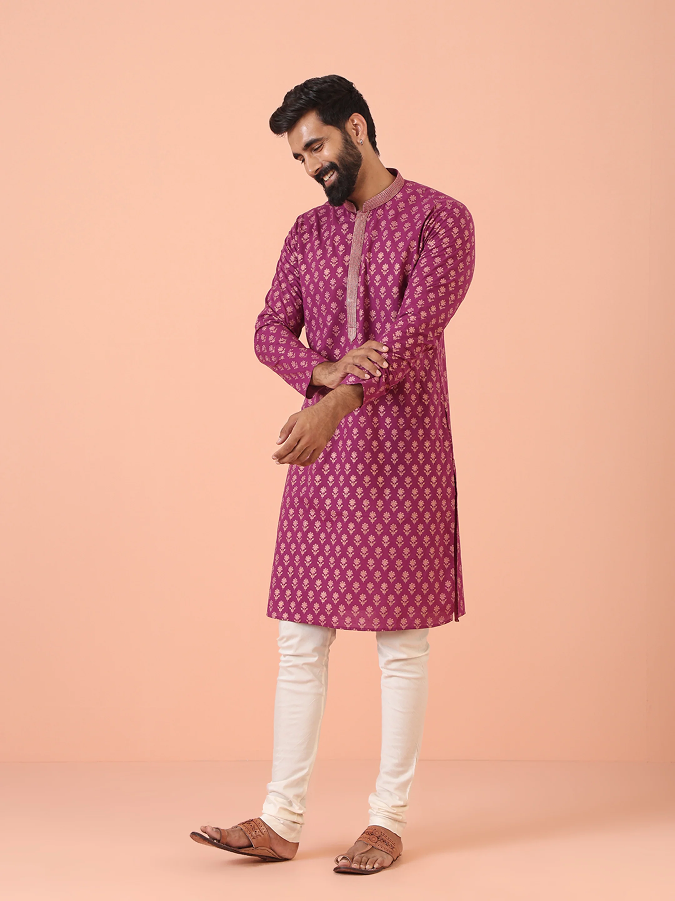 Magenta Kurta with Golden Motif Print and Contrast Placket - Image 3