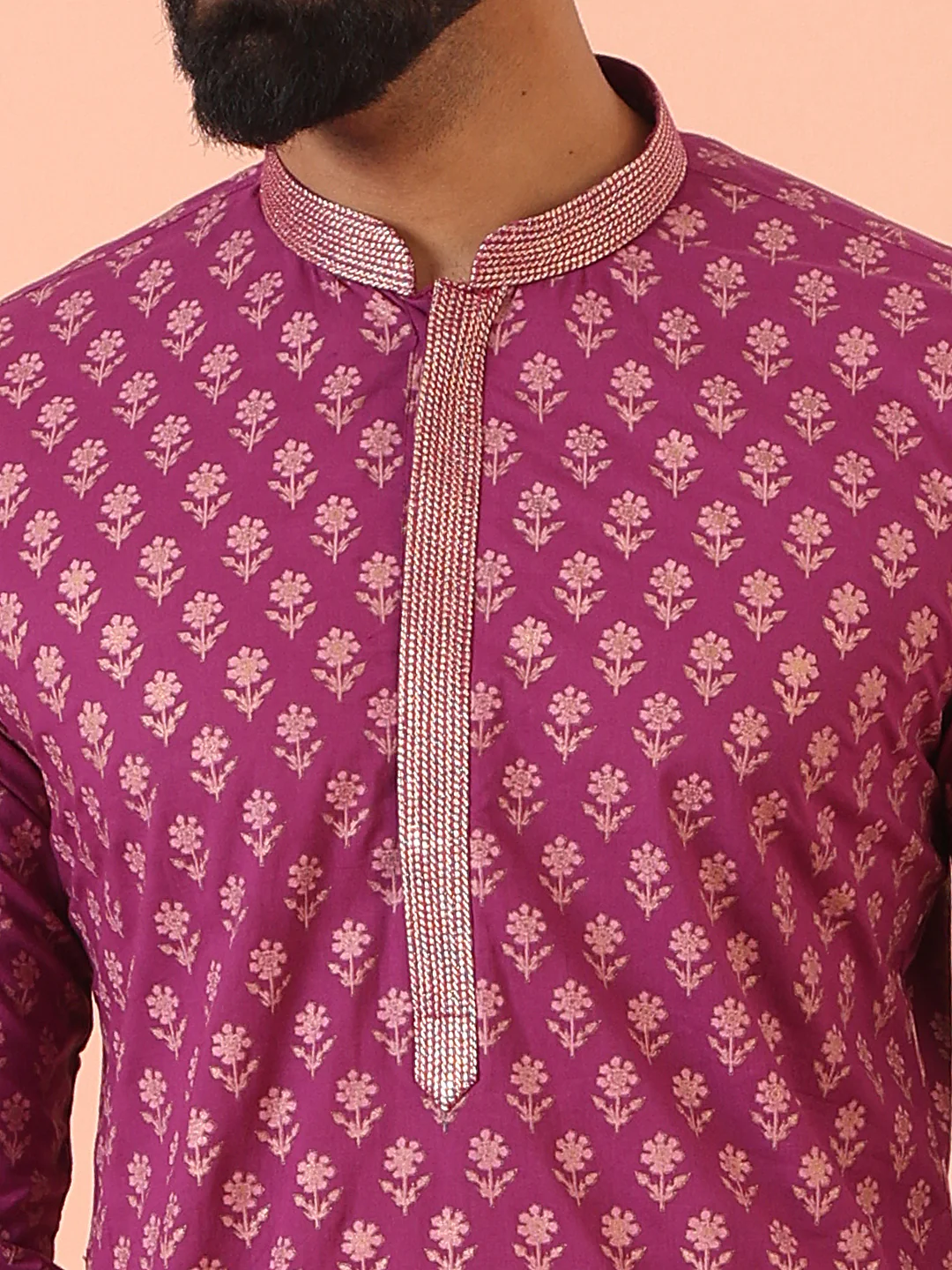 Magenta Kurta with Golden Motif Print and Contrast Placket - Image 5