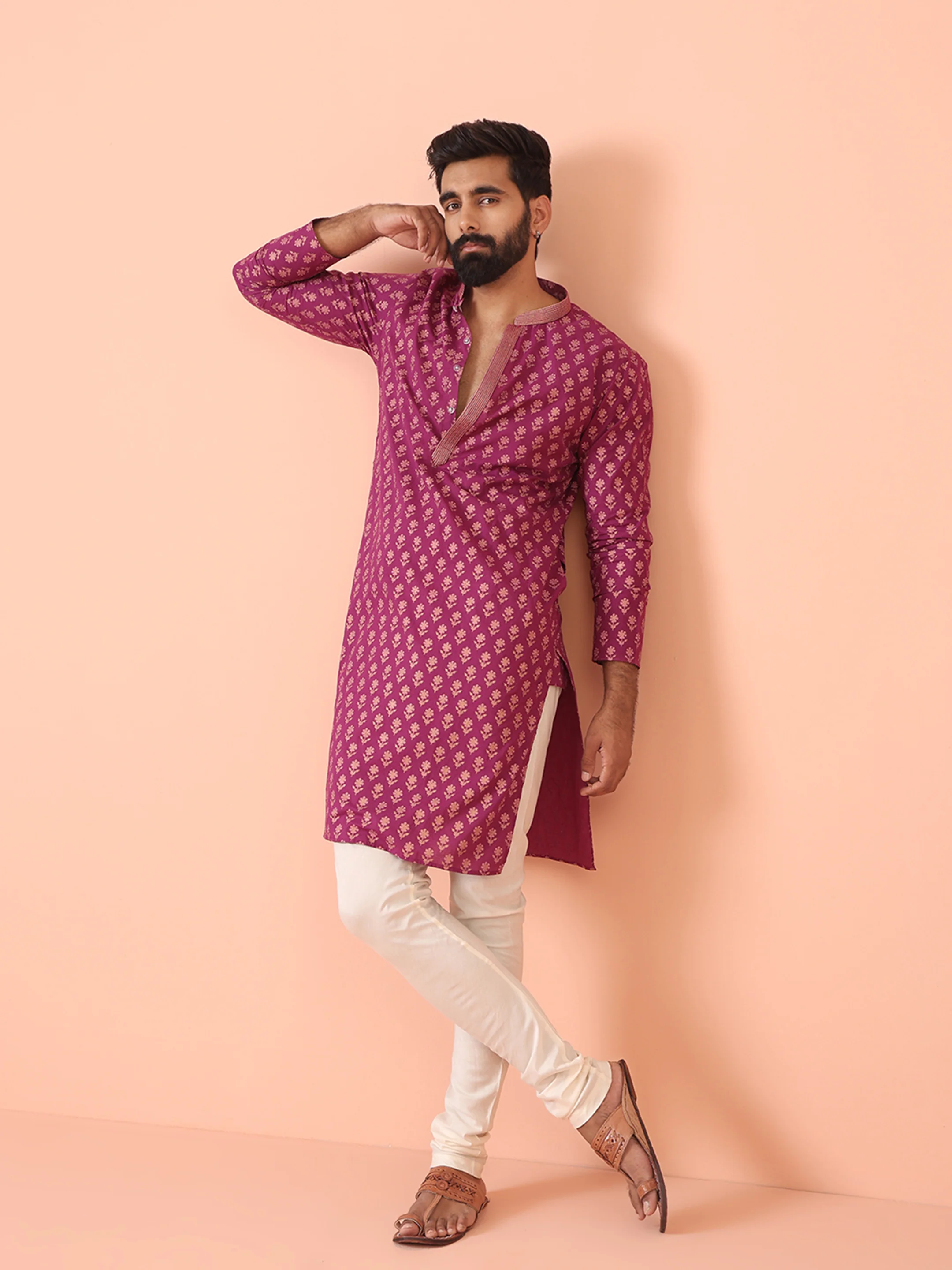 Magenta Kurta with Golden Motif Print and Contrast Placket - Image 6