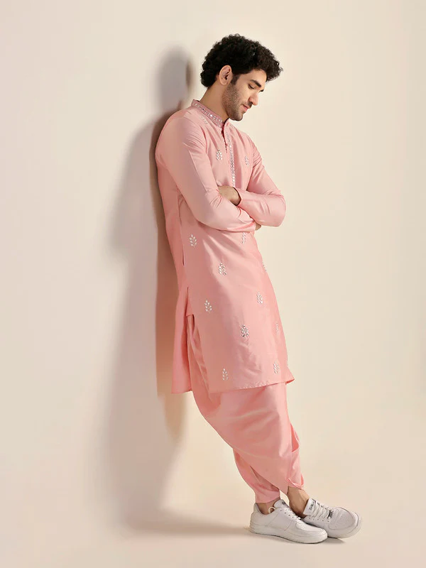 Baby Pink Silk Blend Mirror Work Kurta - Image 3