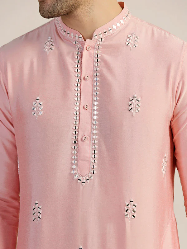 Baby Pink Silk Blend Mirror Work Kurta - Image 6