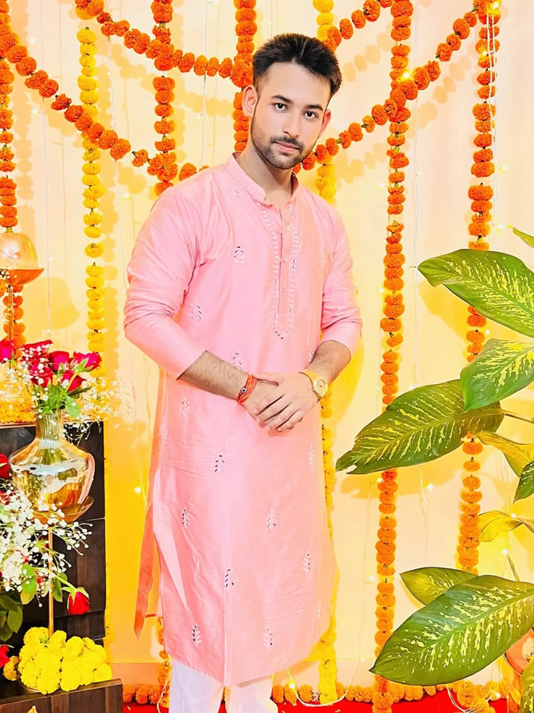 Baby Pink Silk Blend Mirror Work Kurta - Image 9