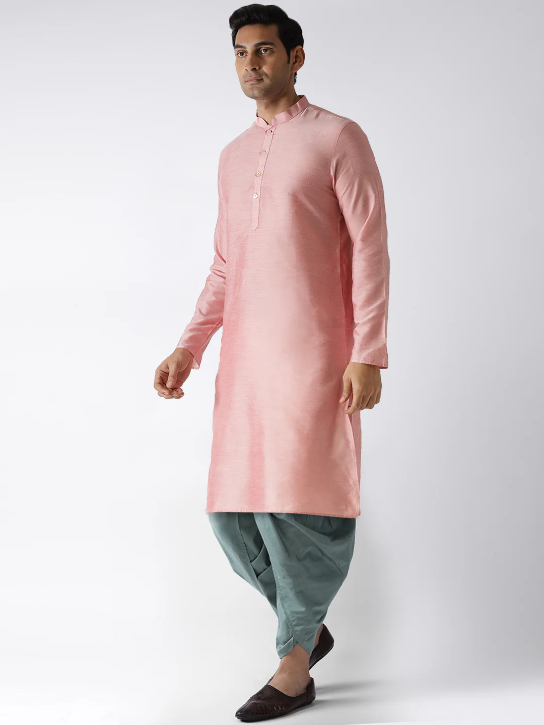 Pink Silk Blend Kurta with Green Dhoti - Image 3