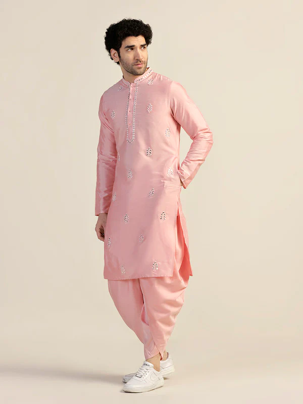 Men Pink Kurta Dhoti Set - Image 3