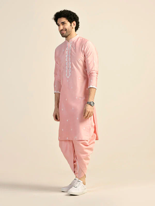 Pink Cotton Silk Embroidered Kurta Dhoti Set - Image 3