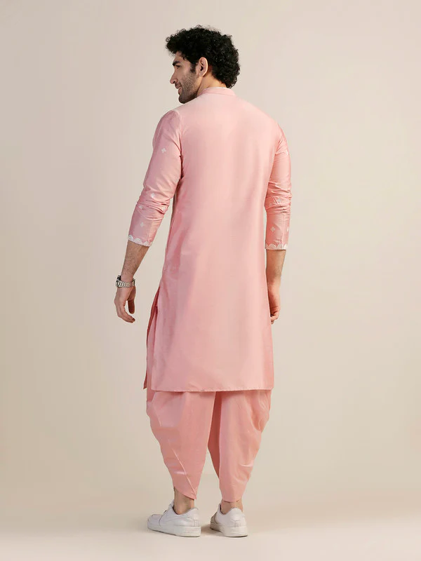 Pink Cotton Silk Embroidered Kurta Dhoti Set - Image 4