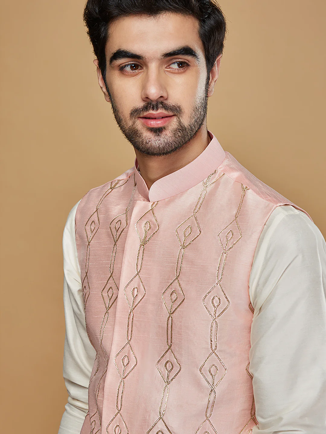 Pink Woven Nehru Jacket Kurta Churidar - Image 6