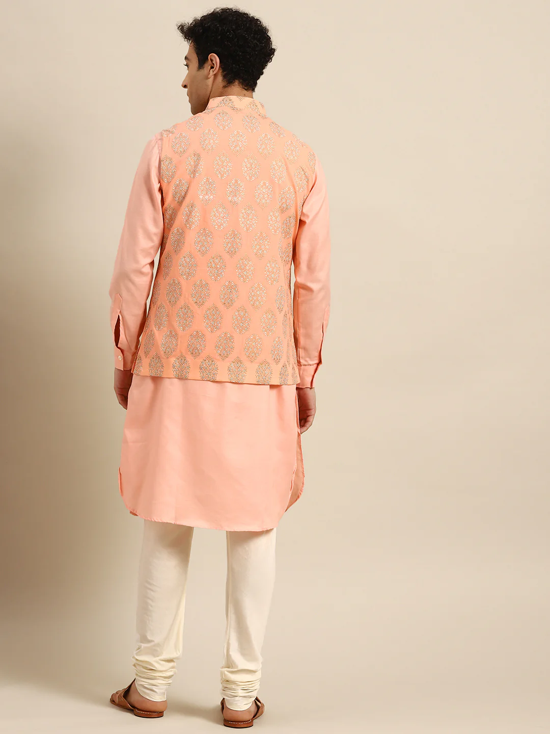 Men Pink Kurta Jacket Churidar Set - Image 2