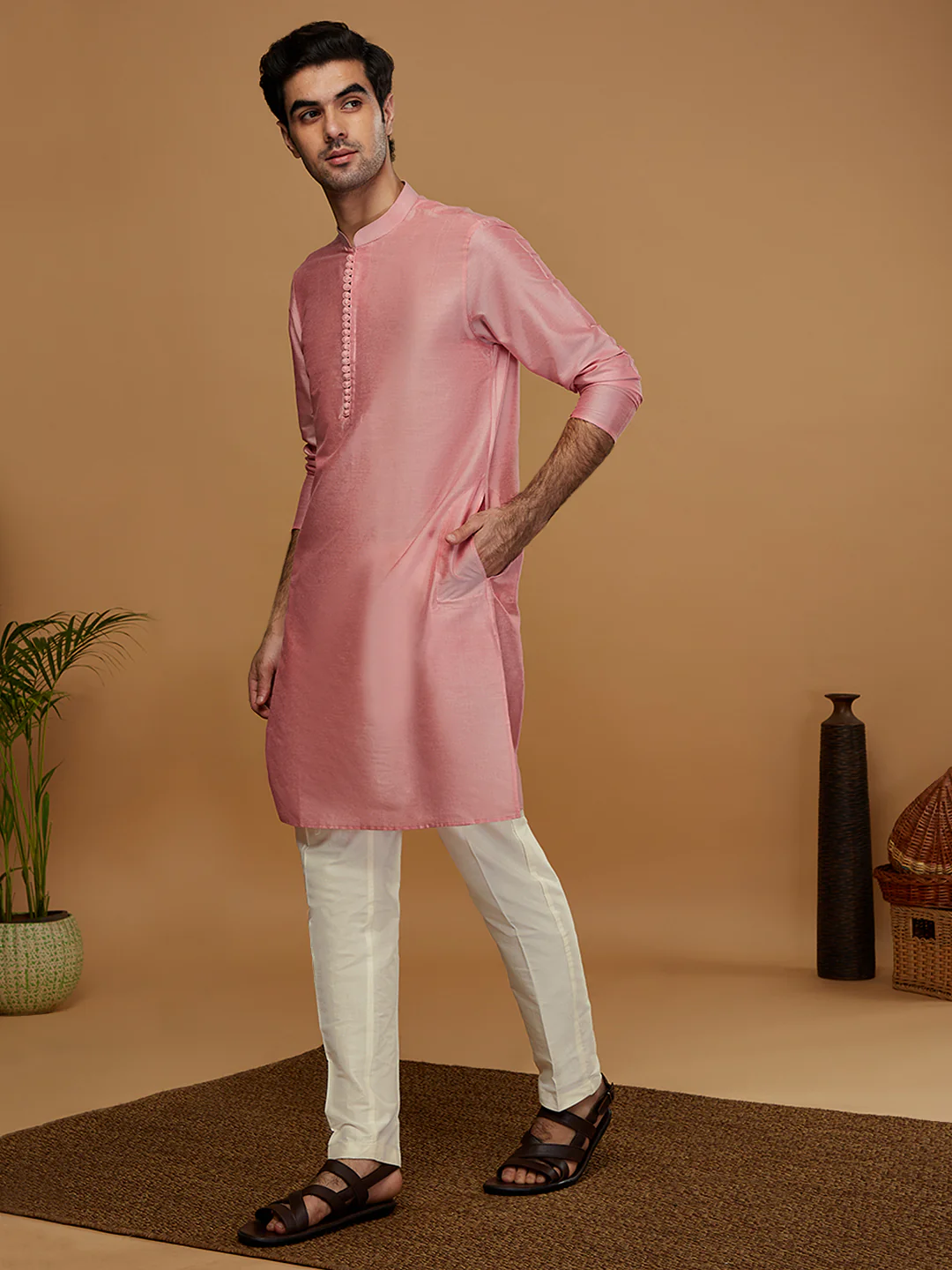 Pink Cotton Silk Solid Mid Kurta - Image 3