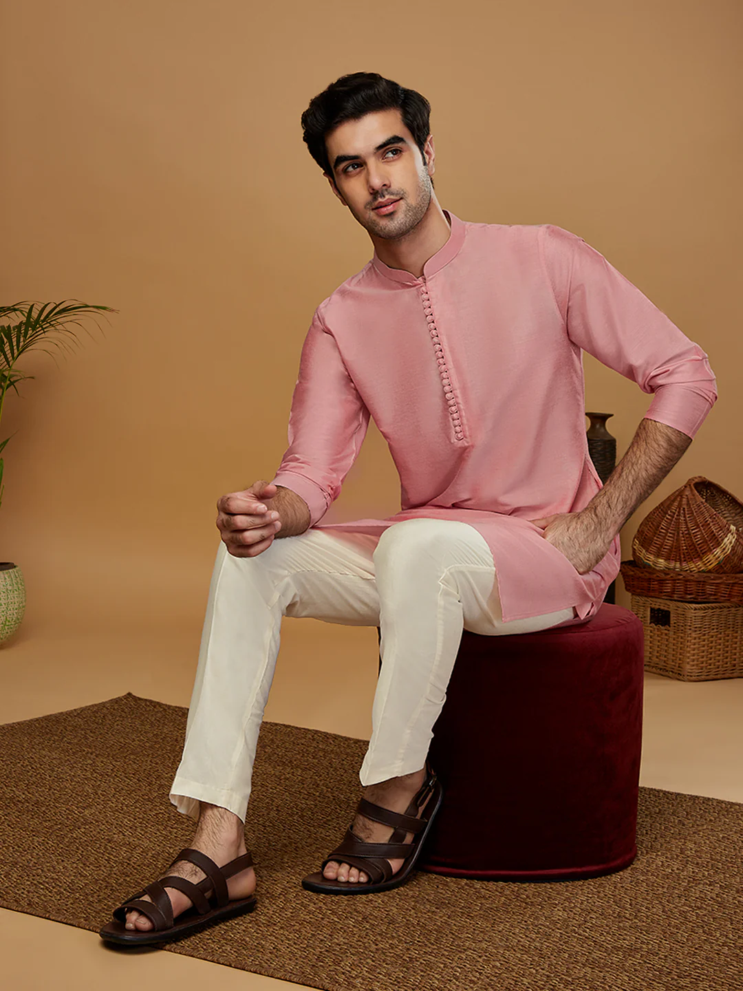 Pink Cotton Silk Solid Mid Kurta - Image 6