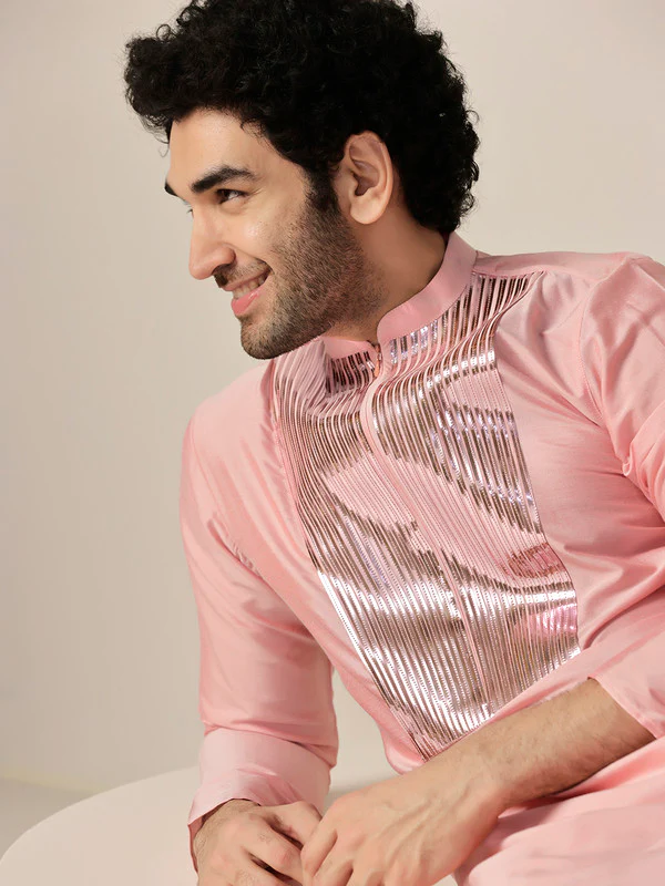 Baby Pink Satin Metallic Panel Kurta - Image 5
