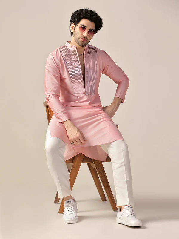 Baby Pink Satin Metallic Panel Kurta - Image 6