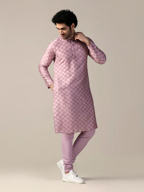 Pink Silk Textured Check Long Kurta - Image 2