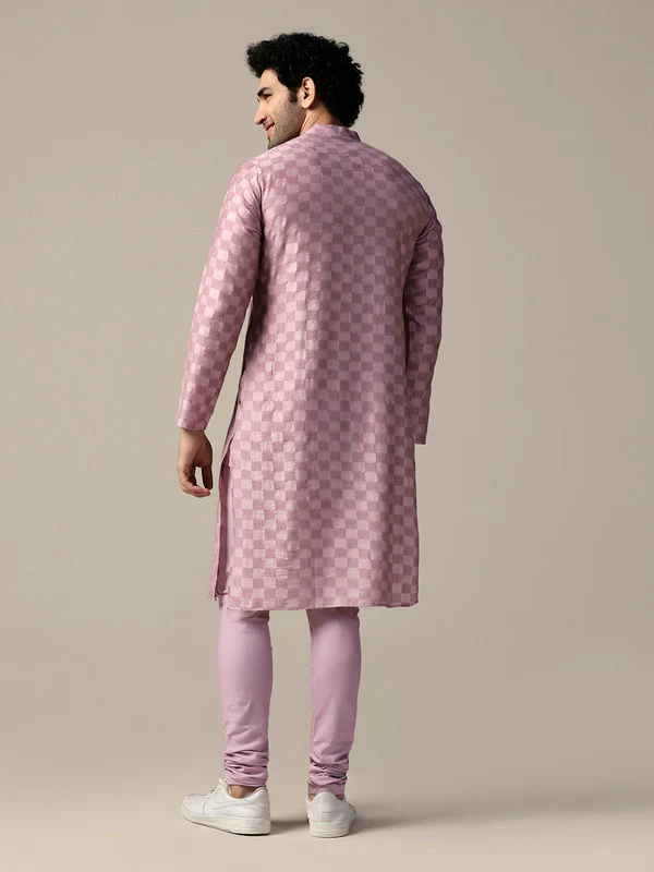 Pink Silk Textured Check Long Kurta - Image 4