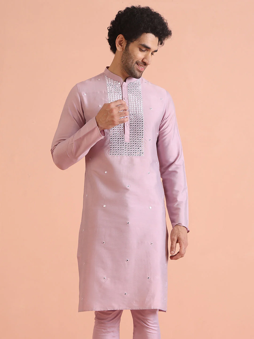 Pink Silk Blend Embroidered Long Kurta - Image 13