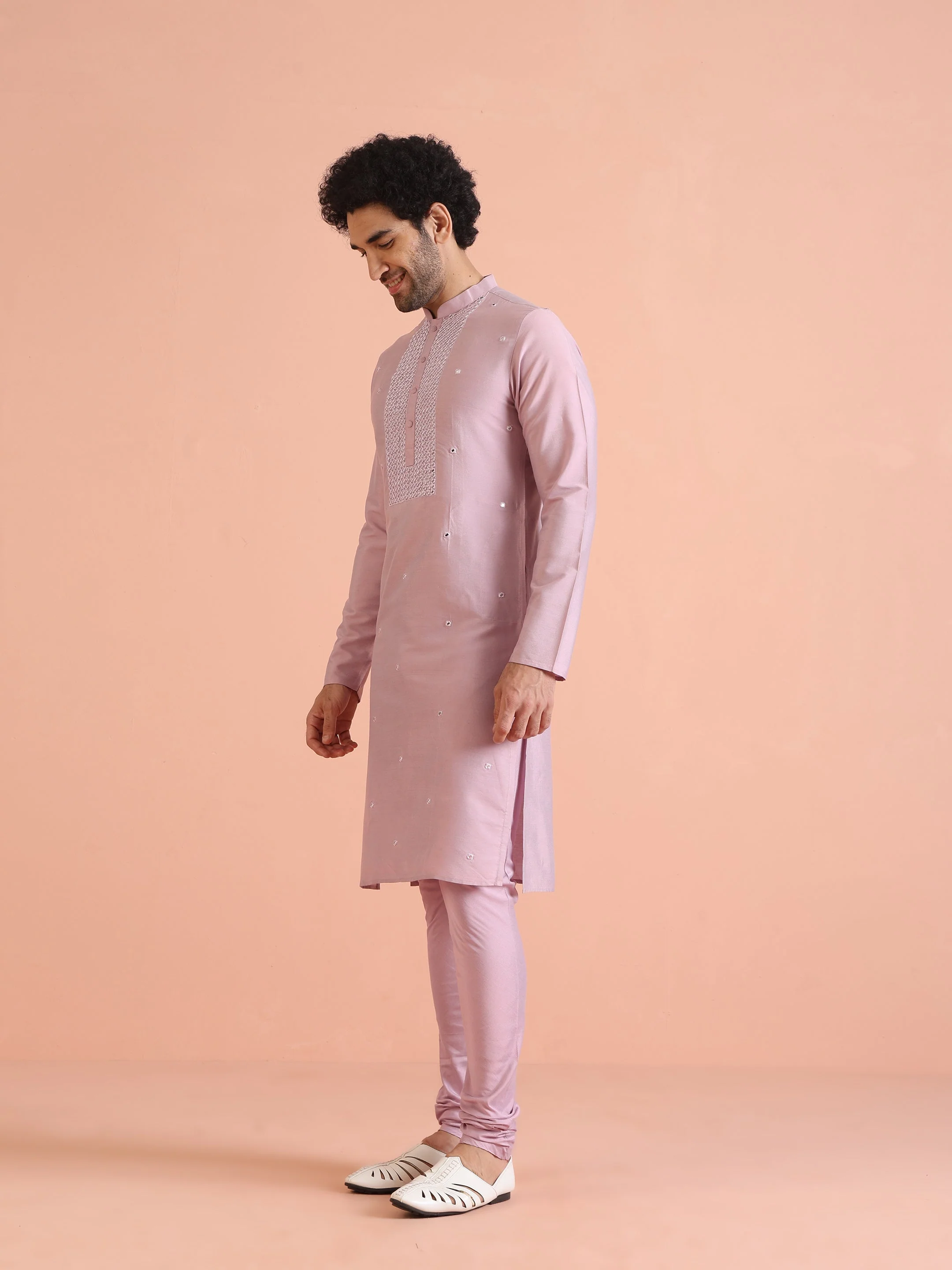 Pink Silk Blend Embroidered Long Kurta - Image 14