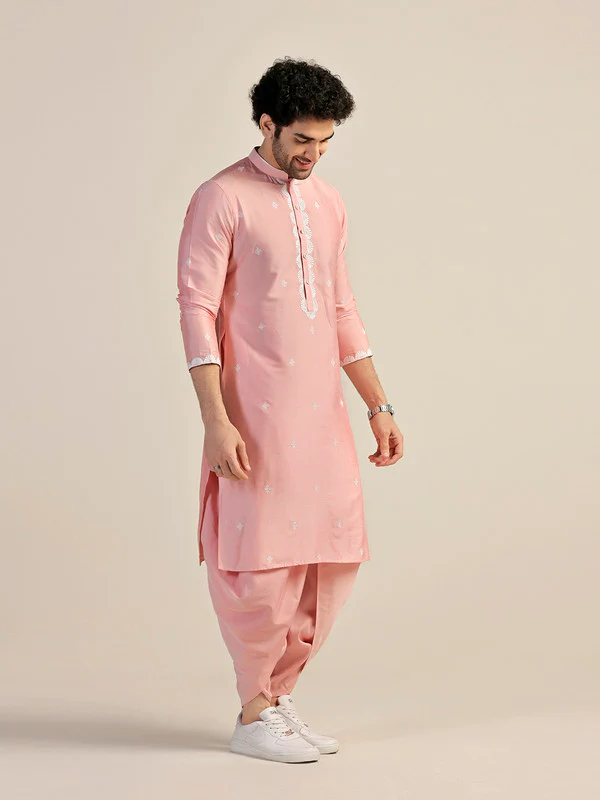 Baby Pink Silk Blend Embroidered Kurta - Image 2