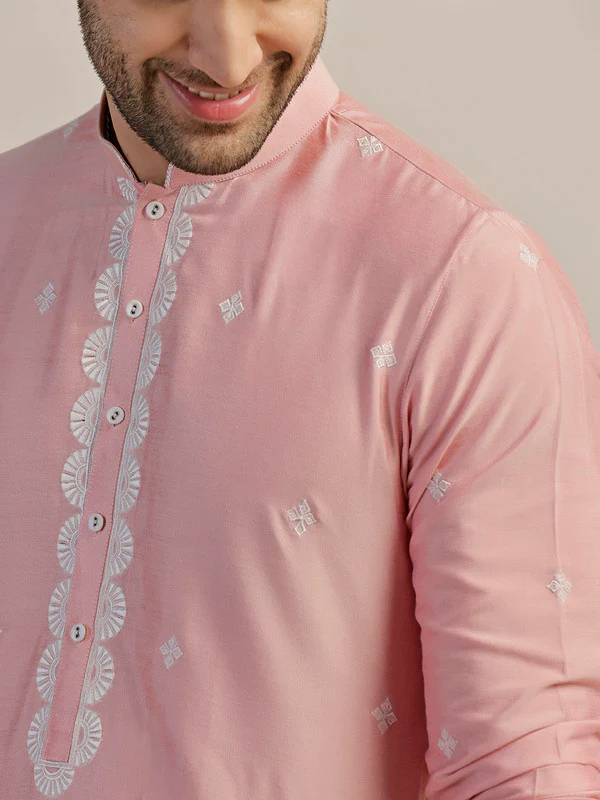 Baby Pink Silk Blend Embroidered Kurta - Image 5
