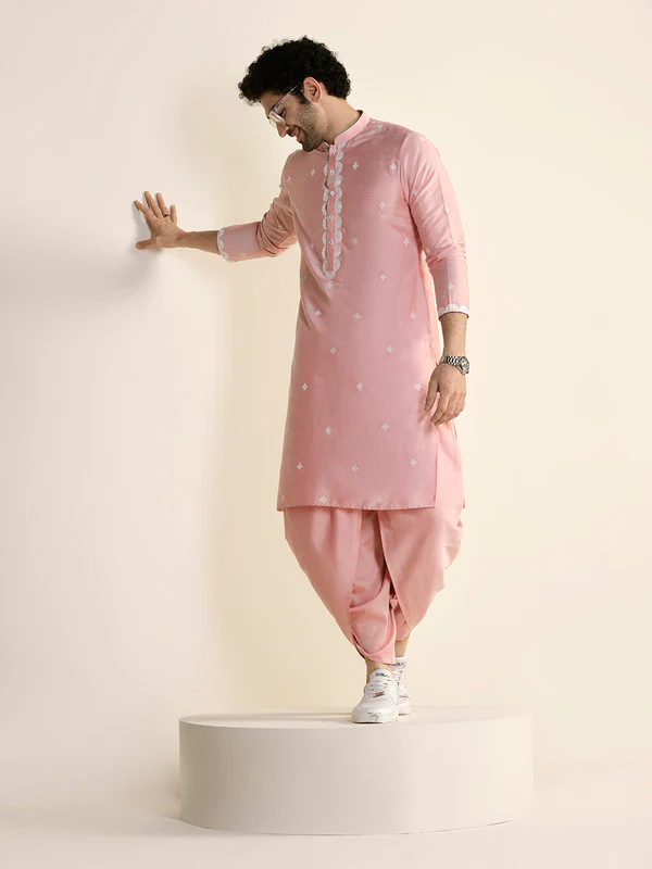 Baby Pink Silk Blend Embroidered Kurta - Image 6