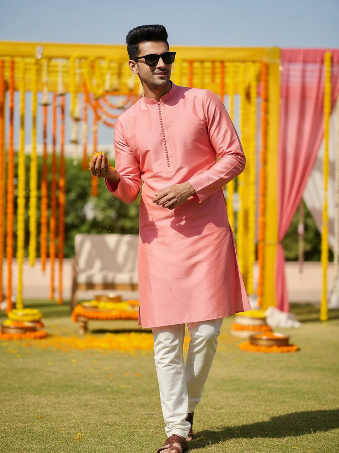 Pink Silk Blend Solid Kurta with Cream Trouser - Image 2