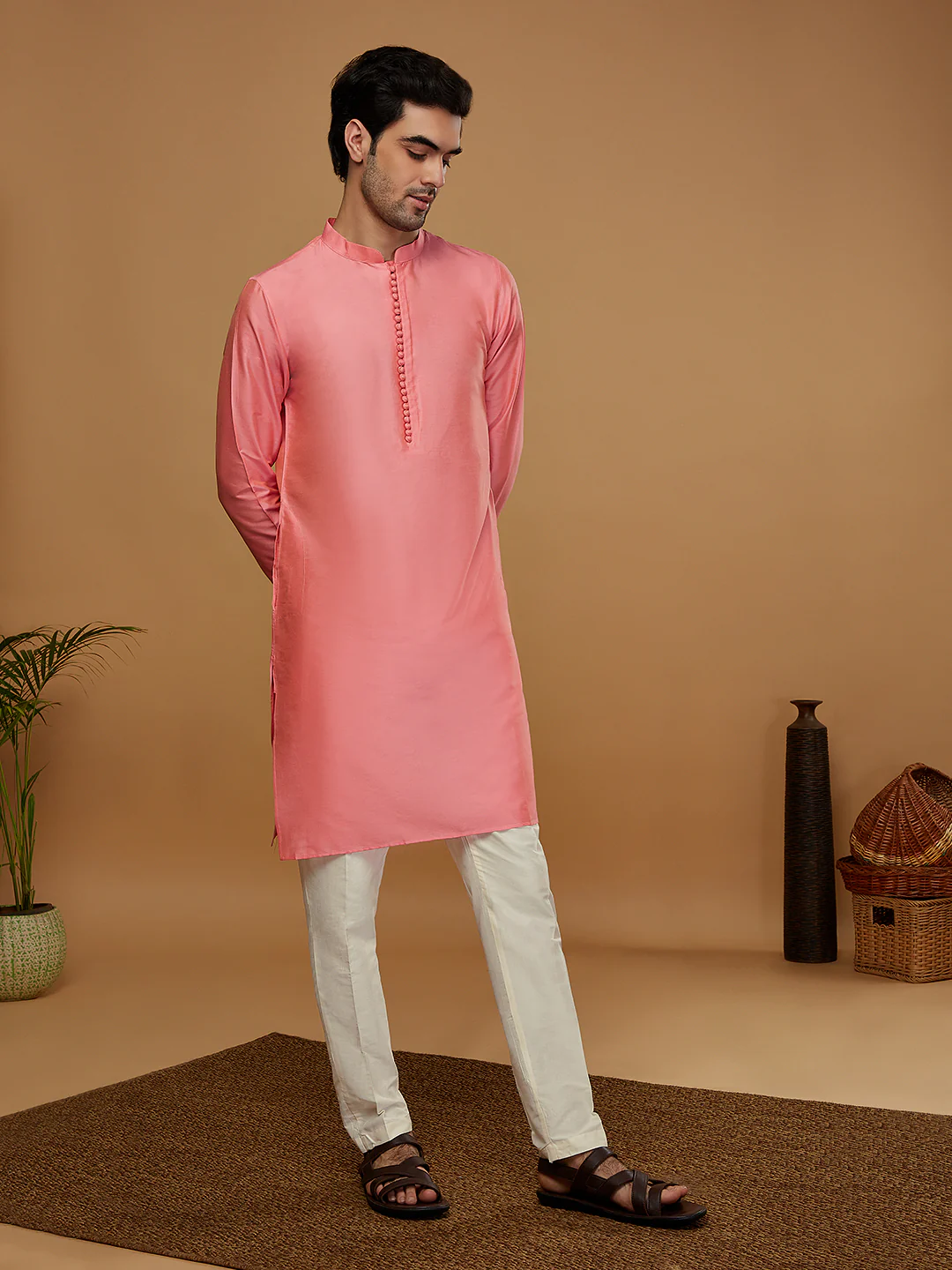 Pink Silk Blend Solid Kurta with Cream Trouser - Image 3