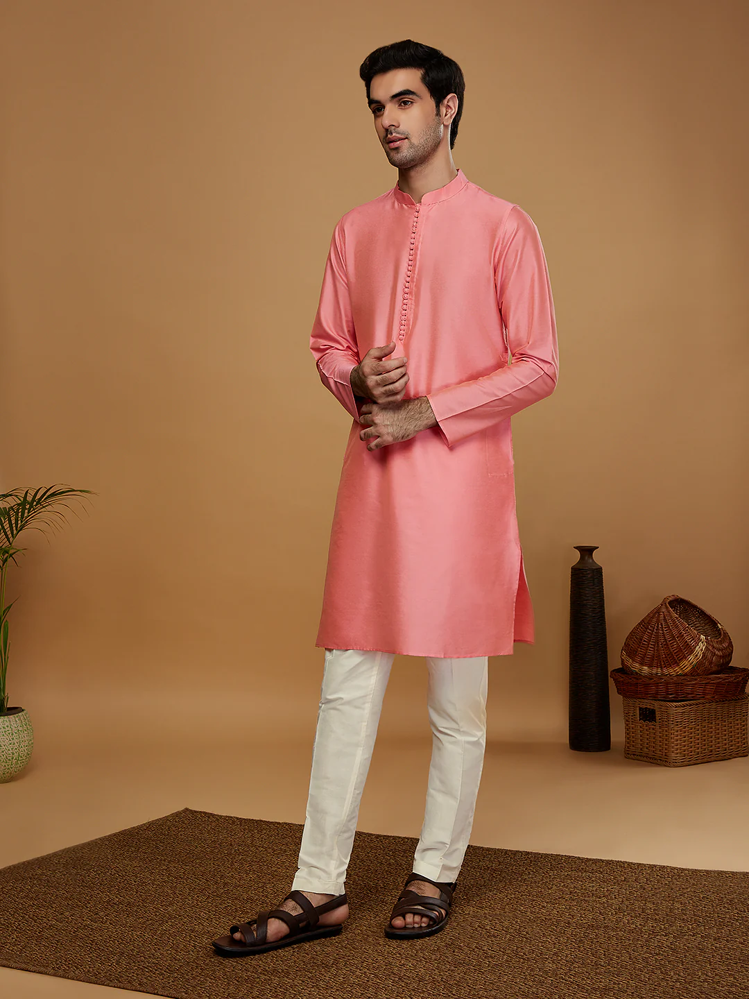 Pink Silk Blend Solid Kurta with Cream Trouser - Image 4