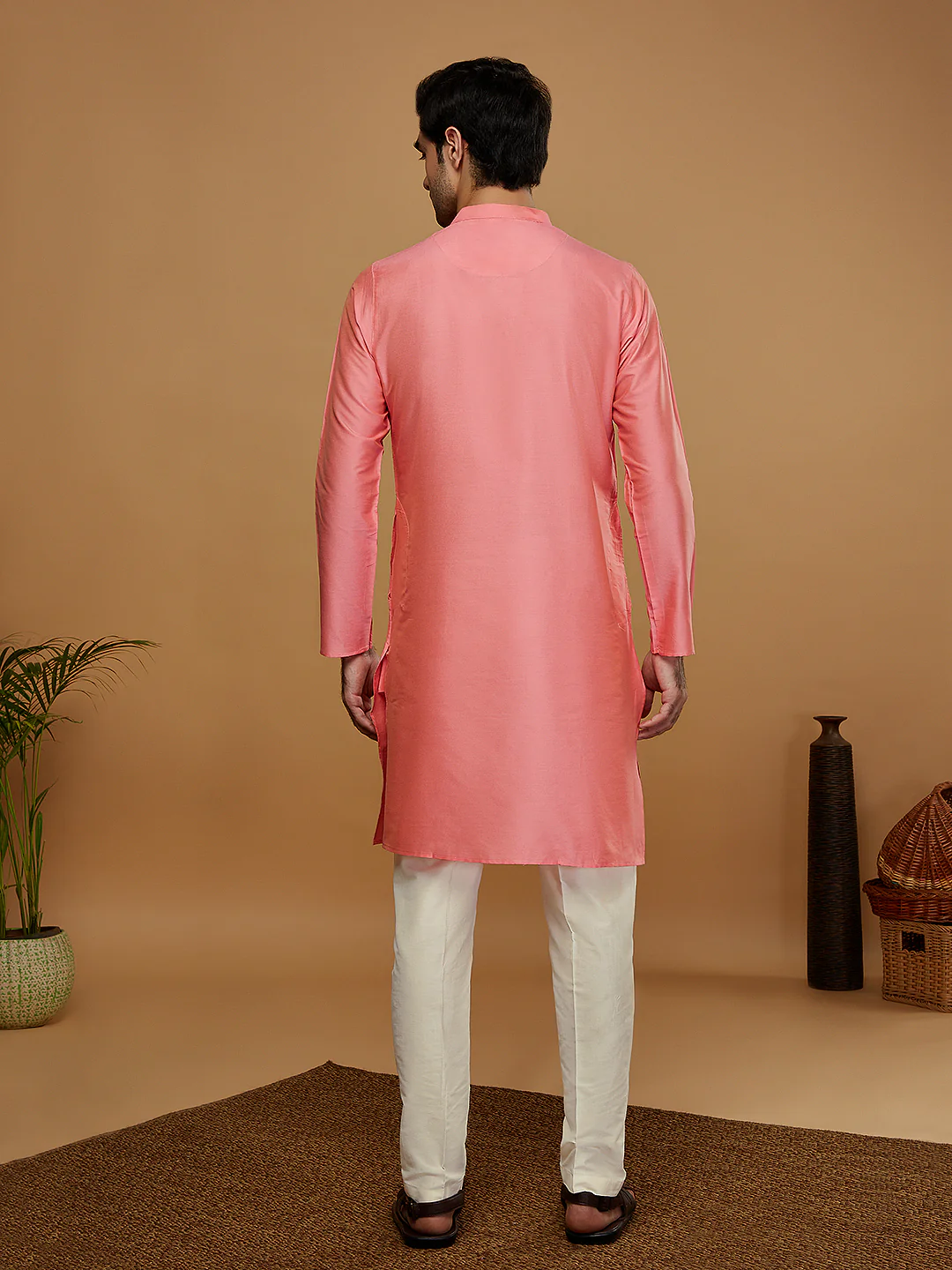 Pink Silk Blend Solid Kurta with Cream Trouser - Image 5