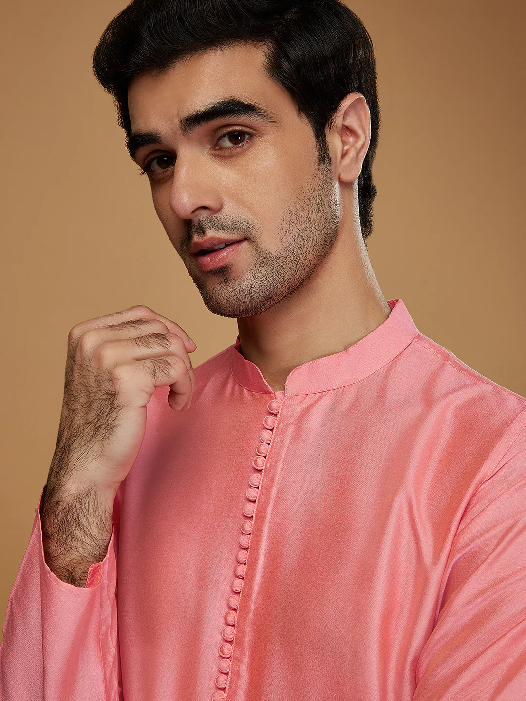 Pink Silk Blend Solid Kurta with Cream Trouser - Image 6